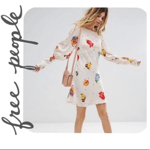 Free People ivory “Sunshadow” floral slit sleeve mini dress Size 2 - Picture 2 of 8